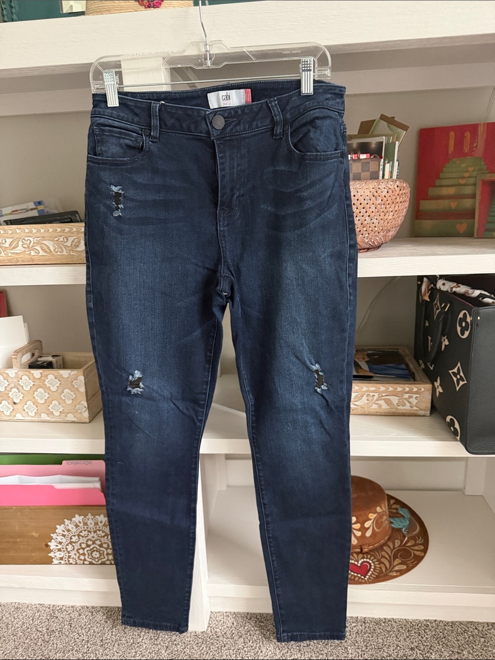 CAbi Curvy Skinny Jeans in Dark Blue with Subtle Distressing. Size 10.
